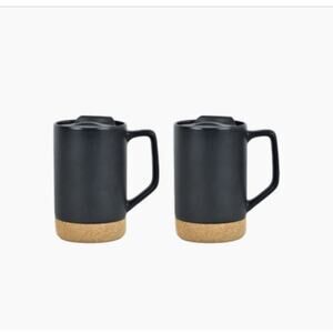 Ceramic Coffee Mug with Lid Set of 2 Large 17oz Black Mugs with Cork Bot